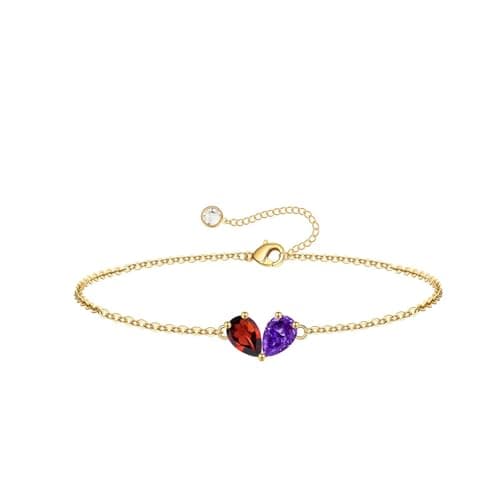 Turandoss January February Birthstone Bracelet for Women - Created Garnet, Amethyst Pear Birthstone Bracelets, 14K Dainty Gold Plated Bracelets for Women Girls Jewelry Gifts - Image 1