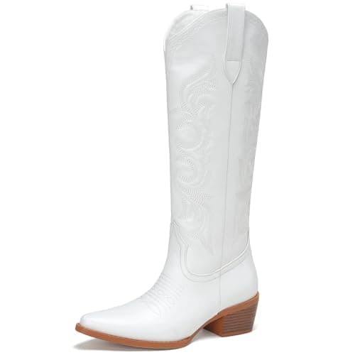 Cozivwaiy Knee high Cowboy Boots Women Embroidered White Tall Boots 1.96 Inch Heels Pull on Cowgirl Boot Pu Leather Western Ranch Boot Country Concert Shoes Zipper Chunky 9 - Image 1