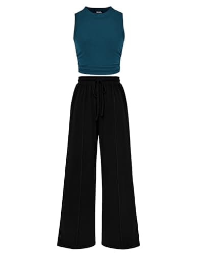 BTFBM Summer Outfits For Women 2026 Cropped Sleeveless Tank Tops Wide Leg Pants 2 Piece Sets Beach Lounge Set Clothing(Lake Blue Black, Small) - Image 1