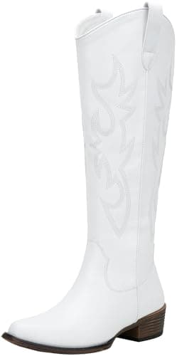 Jeossy Women's White Cowboy Boots Embroided Western Cowgirl Boots Square Toe Knee High Pull on Wide Calf Shoes with Inside Zipper Size 9.5 (DJY9809 white 09.5) - Image 1