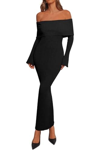 dowerme Women's Off The Shoulder Sweater Dress 2026 Formal Long Sleeve Bodycon Maxi Wedding Guest Dresses Spring Outfits(Black,Medium) - Image 1
