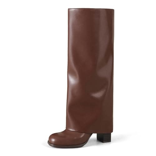 Meolee Knee High Boots Women Fold Over Chunky High Heels Long Boots Zipper Round Toe Dress Tall Boots for Women Size 7 - Image 1