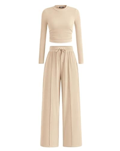 BTFBM Casual 2 Piece Sets For Women Fall Outfits 2026 Ribbed Spring Long Sleeve Crop Top Wide Leg Pants Matching Lounge Set(Beige, XX-Large) - Image 1