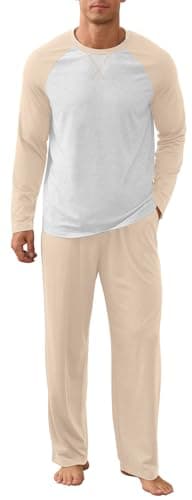 NITAGUT Men's Pajama Set Long Sleeve Sleepwear 2 Piece Loungewear with Pockets Soft Comfy Nightwear,Beige-XL - Image 1