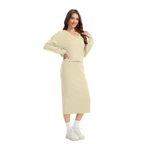 Anyshe Women's 2 Piece Matching Knit Sweater Set, Long Sleeve V-Neck Top with Maxi Skirt, Effortless Style for Vacation - Thumbnail 4