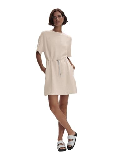 COCOMARTS Dresses for Women Summer Short Sleeve Crew Neck Sweatshirt Dress Drawstring Waist Tunic Tops Mini Vacation Sundress Apricot Small - Thumbnail 5