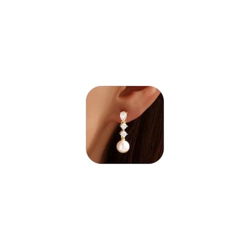 Pearl Earrings for Women, 14k Gold Plated Trendy Diamond Pearl Drop Earrings Bridal Shower Gifts Wedding Gifts for Women - Image 1