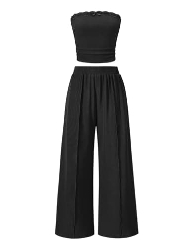 ZESICA Two Piece Sets for Women Going Out Outfits 2026 Summer Crop Tube Tops and Wide Leg Pants Matching Lounge Set Black Large - Image 1