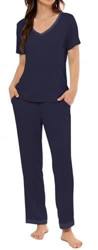 LUBOT Bamboo Viscose Pajamas for Women Soft Breathable Cooling Womens Pajama Set Two Piece PJ Sets Short Sleeve Pants Loungewear Nightwear Sleepwear (Navy Blue,S) - Image 1