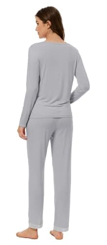 LUBOT Bamboo Viscose Pajamas for Women Soft Breathable Cooling Womens Pajama Set Two Piece PJ Sets Long Sleeve Pants Loungewear Nightwear Sleepwear (Light Gray,XL) - Thumbnail 6