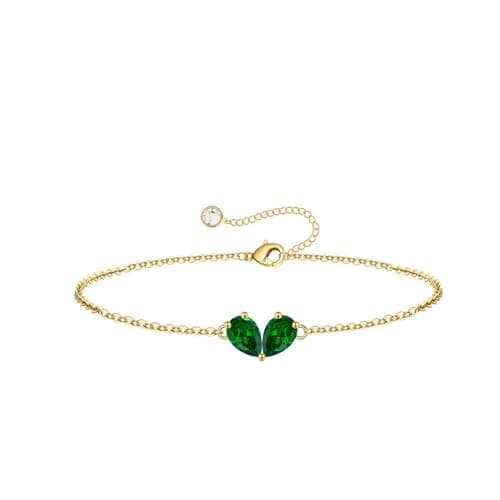Turandoss Gifts for Her - Double May Pear Birthstone Bracelet, Created Emerald Pear Cut Bracelet, 14K Dainty Gold Plated Birthstone Bracelets for Women Teen Girls Birthday Jewelry Gifts - Image 1