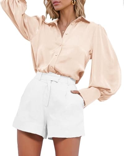 BTFBM Women Blouses Spring Fall Outfits Satin Lantern Long Sleeve Shirts Button Down Dressy Work Business Casual Tops(Beige, Medium) - Thumbnail 3