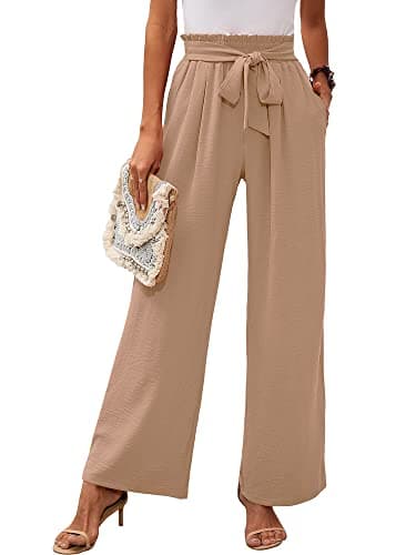 Heymoments Women's Wide Leg Lounge Pants with Pockets Khaki X-Large Lightweight High Waisted Adjustable Tie Knot Loose Comfy Casual Trousers - Image 1