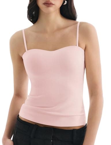 Lehoba Womens Scoop Neck Tanks Summer Spaghetti Strap Fitted Cami with Built in Bra Basic Double Lined Trendy White A to C Cup, Blush Pink S - Image 1