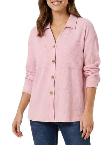 GAMISS Button Down Shirt for Women Long Sleeve Shirts Collared Casual Blouses Tops with Pocket Pink, XL