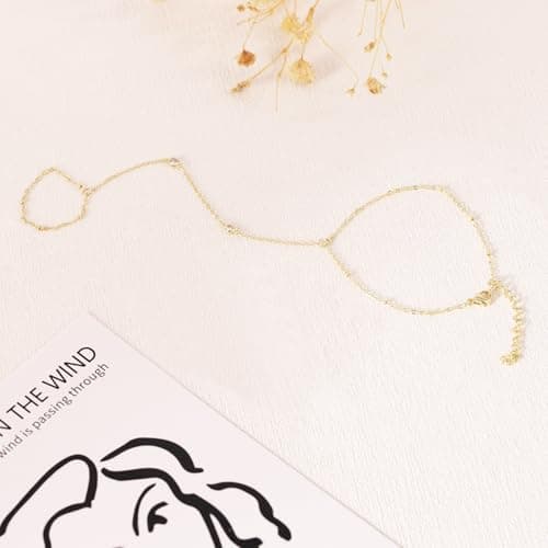 BAYLAY Hand Chain, Ring Bracelet Hand Chain 14K Gold Plated CZ Finger Ring Slave Bracelets Dainty Gold Bracelet for Women Zircon Hands Jewelry for Women Summer Essentials Boho Beach Gifts Trendy Stuff - Thumbnail 6
