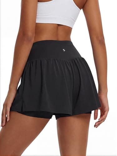 Stelle Women 2 in 1 Running Shorts Flowy Athletic Short High Waisted Workout Tennis Gym Short with Liner Pockets (Black, L) - Thumbnail 4