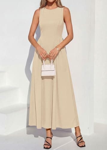 KIRUNDO Wedding Guest Dresses for Women 2026 Summer Semi Formal Work Sleeveless Elegant Boat Neck Flowy A Line Maxi Dress(Beige, Large) - Thumbnail 3