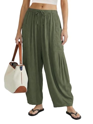 COCOMARTS Womens Linen Wide Leg Palazzo Pants Casual Loose Elastic Drawstring Flowy Pant 2025 Fall Travel Baggy Harem Pants with Pocket Green Large - Image 1