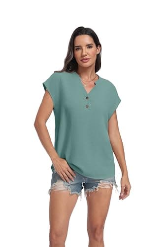 Lepunuo Womens Blouses Dressy Casual Trendy Summer Tops 2026 Formal Boho Button Down Cap Sleeve V Neck Shirts - Thumbnail 3