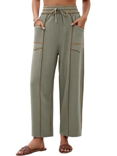 grewley Womens Linen Barrel Pants Baggy Wide Leg Pants Summer Palazzo Drawstring Waist Pants with Pockets Casual Dusty Green M - Image 1
