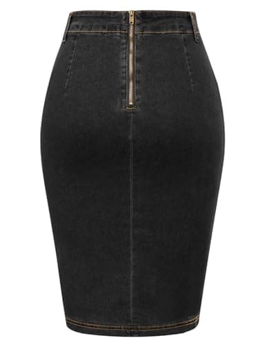 Belle Poque Denim Pencil Skirt for Women Ruched Bodycon Jeans Skirt with Belt High Waisted Pencil Skirts Black L - Thumbnail 4