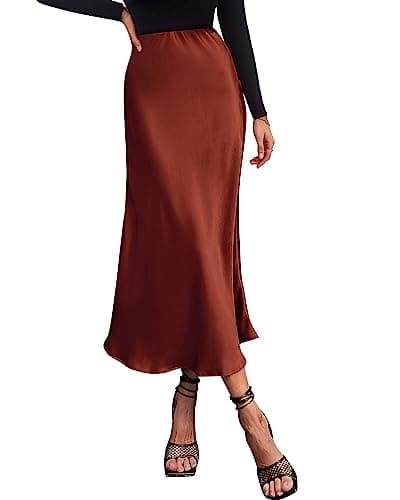 BTFBM 2026 Womens Spring Summer Long Satin Skirt Silk Elegant High Waist Cocktail Party Wedding Flowy A-Line Midi Skirts(Brown, X-Large) - Image 1