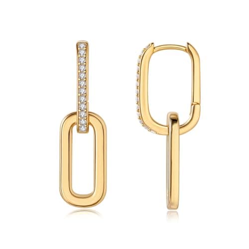 14K Gold Plated Gold Paperclip Earrings For Women Trendy Link Huggie Hoop Earrings Gold Chain Statement Drop DanglEarrings with Cubic Zirconia Jewelry Gifts For Her Silver - Image 1