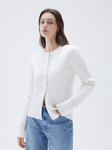 SUUKSESS Women Cable Knit Cashmere Blend Sweaters Crew Neck Button Up Chunky Cardigan Long Sleeve Cropped Fall Fashion Outfits Jackets (White, L) - Thumbnail 5