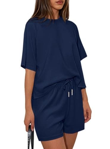 PRETTYGARDEN Women 2 Piece Lounge Sets Short Sleeve Shirts Workout Tops Shorts Matching Clothing 2026 Summer Vacation Outfits (Navy Blue,Small) - Image 1