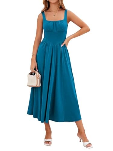 YIOYOLA Sundress for Women Casual Summer Dress for Women Cottagecore Drop Waist Formal Sleeveless Midi Dresses with Pockets(YYL645-Teal Blue,M) - Image 1