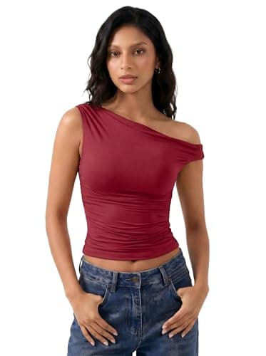 Date Outfits Red Off The Shoulder for Women Double Layered Sleeveless Y2K Going Out Crop Tank Blouses Shirt (Wine,L)