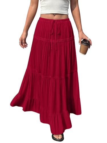 BTFBM Spring Skirts for Women 2026 Summer Boho Beach Vacation Clothes Casual Pleated High Waisted Flowy Maxi Skirt(Red, XX-Large) - Image 1