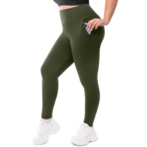 Leafigure Plus Size Leggings with Pockets for Women - High Waisted Buttery Soft Yoga Leggings for Workout ArmyGreen 3XL - Image 1