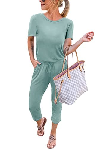 KIRUNDO Jumpsuits for Women Summer 2026 Casual Short Sleeve One Piece Outfits Drawstring Waist Long Pants Romper Jumpers(Fruit Green, X-Large) - Image 1