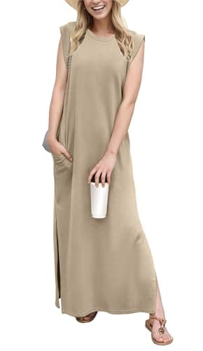 HiMONE Womens Petite Friendly Dresses Sleeveless Tank Dress Lightweight Casual Summer Maxi Dress with Pockets Khaki - Image 1