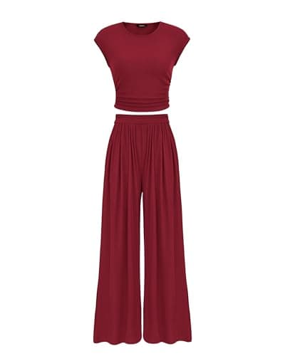 PRETTYGARDEN Women's Summer 2 Piece Outfits 2026 Cap Sleeve Ruched Slim T Shirt Ribbed Knit Wide Leg Pant Sets Tracksuit(Wine Red,Small) - Image 1