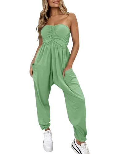 MIHOLL Womens Jumpsuit Strapless Jumpsuits Baggy Loose Cotton Overalls Harem Summer Rompers Beach Vacation Clothes Green S - Image 1