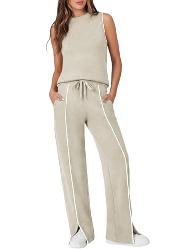 Casly Lamiit 2 Piece Outfits for Women Casual Summer Set Sleeveless Top Sweatpants Matching Sweatsuits Airport Beach Vacation Lounge Set Dark Beige M - Image 1