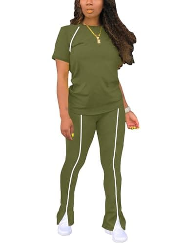 STOLKISS Two Piece Outfits For Women Casual Spring Summer Jogging Suits Fitted Crew Neck T-shirt High Waist Pants Matching Sets Streetwear Green XL - Image 1