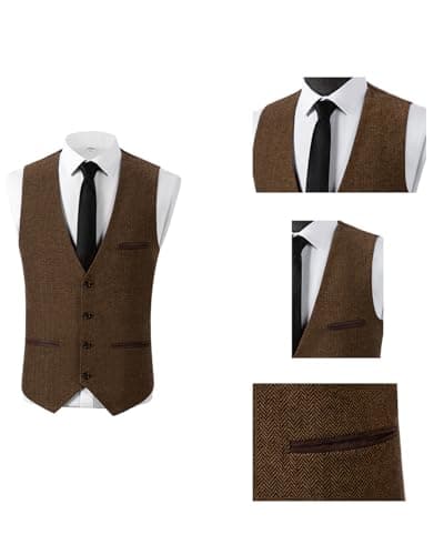 HSLS Mens Herringbone Wool Vests Tweed Suit Waistcoats Vintage Retro Slim Fit(Small, Brown) - Thumbnail 2