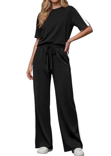 PRETTYGARDEN Women's 2 Piece Sets Summer Casual Short Sleeve Tops Wide Leg Pants Matching Lounge Set Vacation Travel Outfits (Black,S) - Image 1