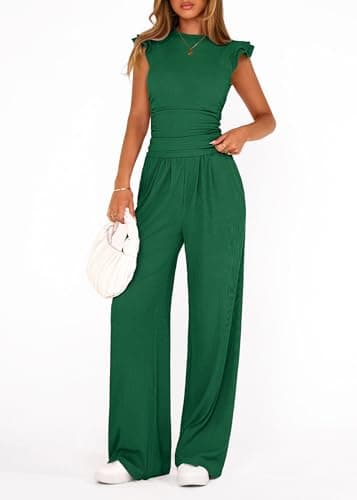 KIRUNDO Two Piece Sets For Women Summer 2026 Casual Cap Sleeve Crop Tops Wide Leg Pants Matching Set Travel Vacation Outfits(Green, Small) - Thumbnail 6