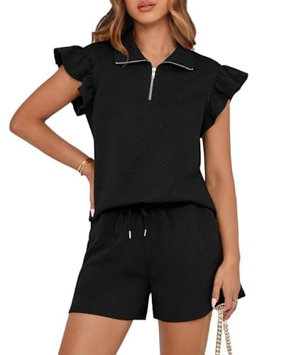 BTFBM Womens 2 Piece Outfits Spring Sweatsuit Zipper V Neck Casual Ruffle Cap Sleeve Tops Drawstring Shorts Lounge Sets(Black, Small) - Image 1