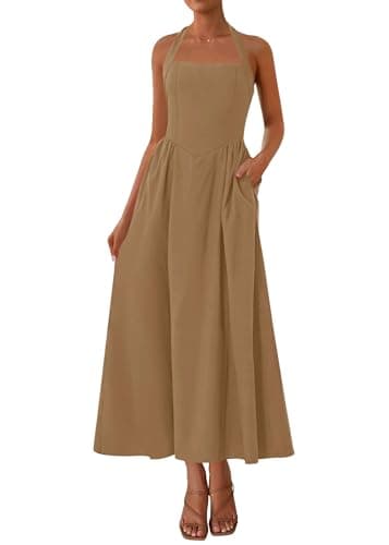 KIRUNDO Summer Dresses for Women 2026 Halter Maxi Wedding Guest Party Cocktail Semi Formal Elegant Classy Long Sundress(Khaki, XX-Large) - Image 1