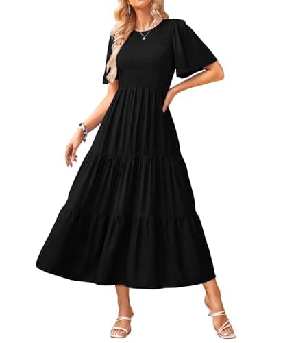 KIRUNDO Midi Dress for Women Corset Smocked A Line Flowy Boho Ruffle Short Sleeve Crewneck Tiered Summer Maxi Formal Party Cocktail Dresses(Small, Black) - Image 1