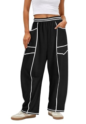 Magritta Women's Casual Stretch Elastic Waist Striped Wide Leg Pants with Pockets for Spring Black XX-Large - Image 1