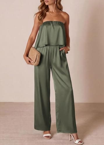 KIRUNDO Jumpsuits For Women Dressy 2026 Summer Satin Strapless Romper Flowy Tube Top Spring One Piece Vacation Outfits(Army Green, Small) - Thumbnail 2