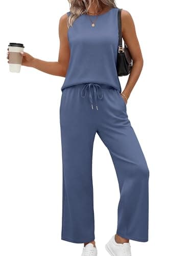 Sampeel Womens Two Piece Sets Lounge Sets for Women Cruise Airport Outfits 2026 Trendy Matching Sets Women Clothing Wide Leg Crop Pants Sets Blue M - Image 1