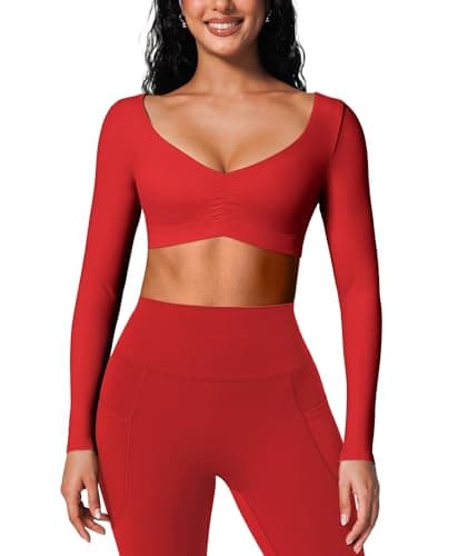 BRXL Red Crop Tops for Women Long Sleeve Workout Gym Athletic Tops Built in Bra Deep V Neck Ruched Padded Dance Sexy Shirts - Image 1